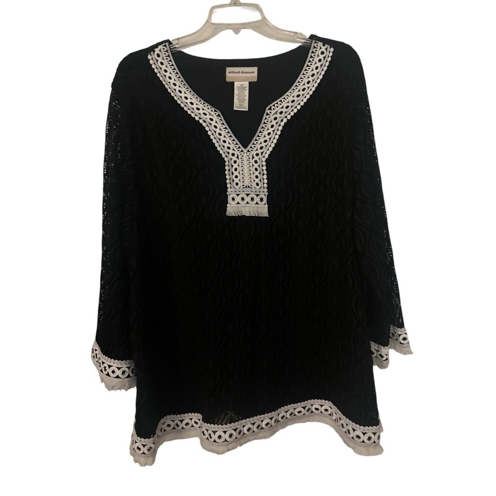 ALFRED DUNNER Black/White Solid Black Diamond  Print W/Open Knit Sleeve Plus 2X
